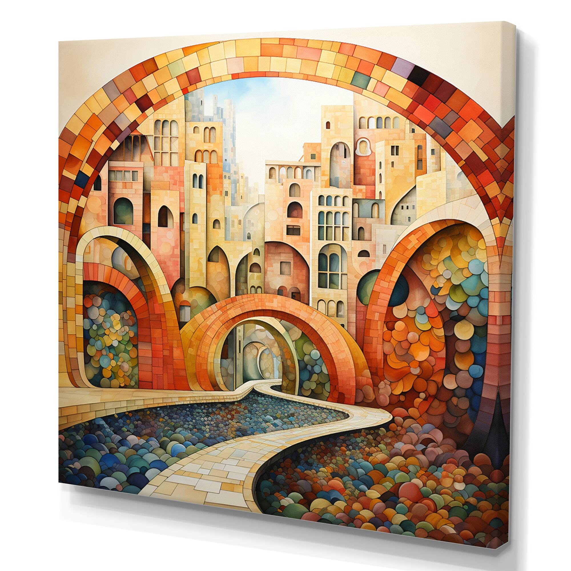 Designart "Orange Bridge Dynamic Archways Pointillism I" Pointillism
